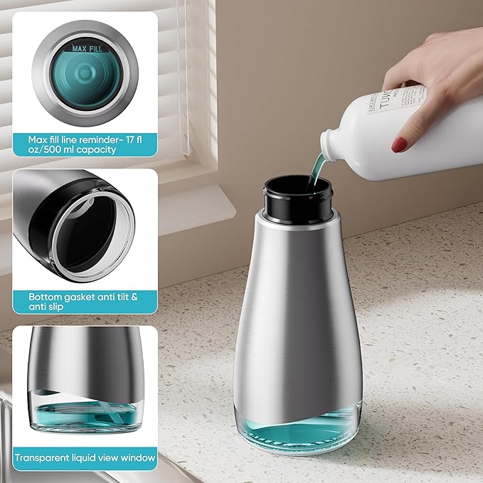 Oasis Creations 500 mL /17fl.oz Stainless Steel Liquid Soap Dispenser for Dish and Hand Soap - Two Toned Silver and Black - Refillable - Great for Kitchen Bathroom or Countertop