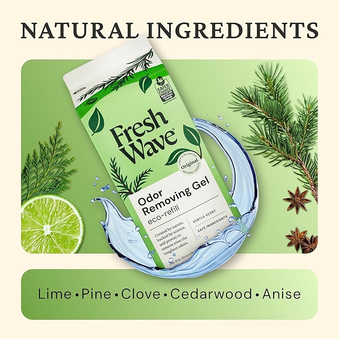 Fresh Wave Odor Removing Gel Eco-Refill, 63 oz. Original Scent | 4 Empty Refillable Glass Jars | 4 Room Set