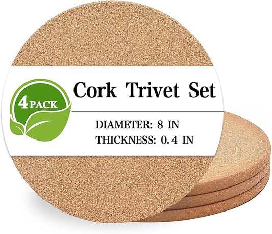 Cork Trivet, 4 Pack High Density Thick Cork Coasters Set for Hot Dishes, 8 Inch Heat Resistant Multifunctional Corks Trivets for Hot Dishes, Hot Pads for Kitchen, Table, Countertops