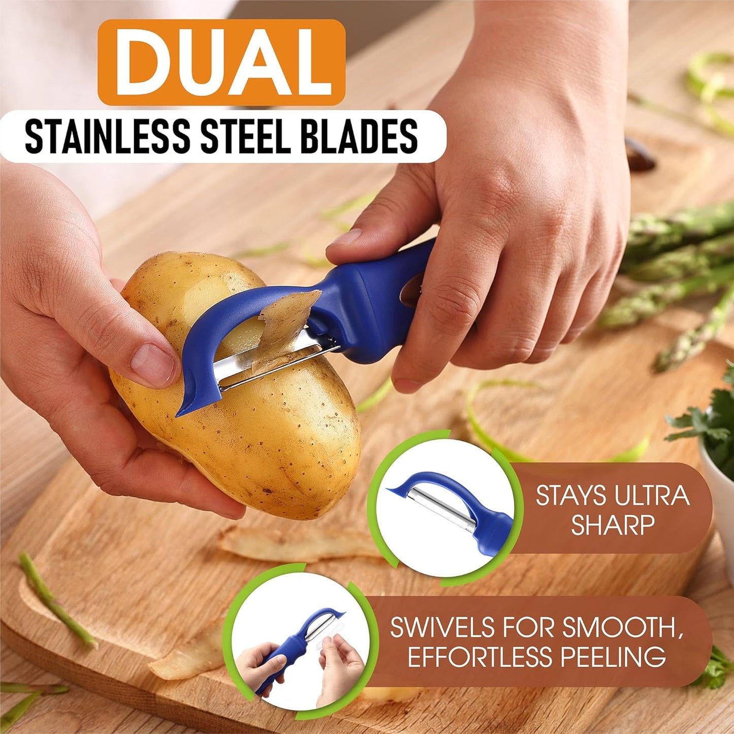 Spring Chef Stainless Steel Swivel Vegetable Peeler for Kitchen, Dishwasher Safe Potato Peelers with Comfortable Handle & Sharp Blades, Great for Apple, Carrot, Veggie, Fruit - Set of 2 - Sapphire