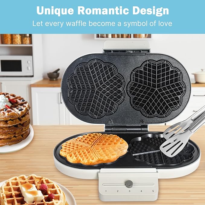 Electric Heart-shape Waffle Maker: Double-plate 5-Temp Control & Fast Heating - White Oval Shape with Non-Stick Scratch-Resistant Coating for Belgian Waffles