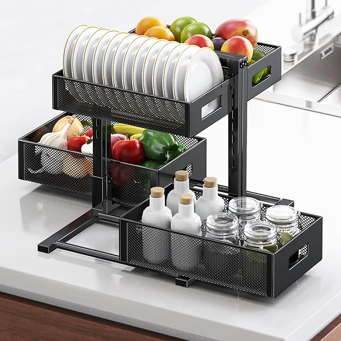 Under Sink Organizer for Bathroom & Kitchen, Under Cabinet Storage Shelf, Bathroom Cabinet Organizer Vanity Drawer Pantry Organization, Multi-Purpose Under Sink Slide Out Storage Shelf