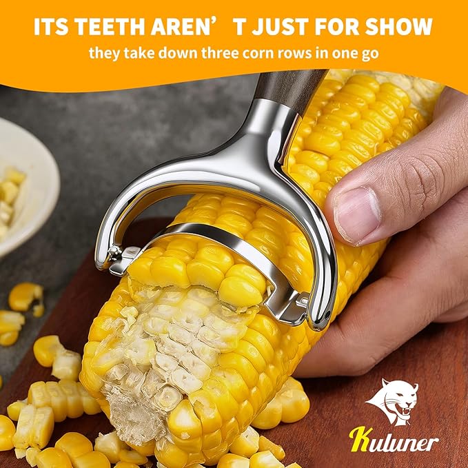 KULUNER Durable Stainless Steel Corn Peeler with Polished Wood Handle Corn on the Cob Stripper Kernel Remover Easy Use Corn Kernel Cutter Kitchen Gadget（Chacate Preto）