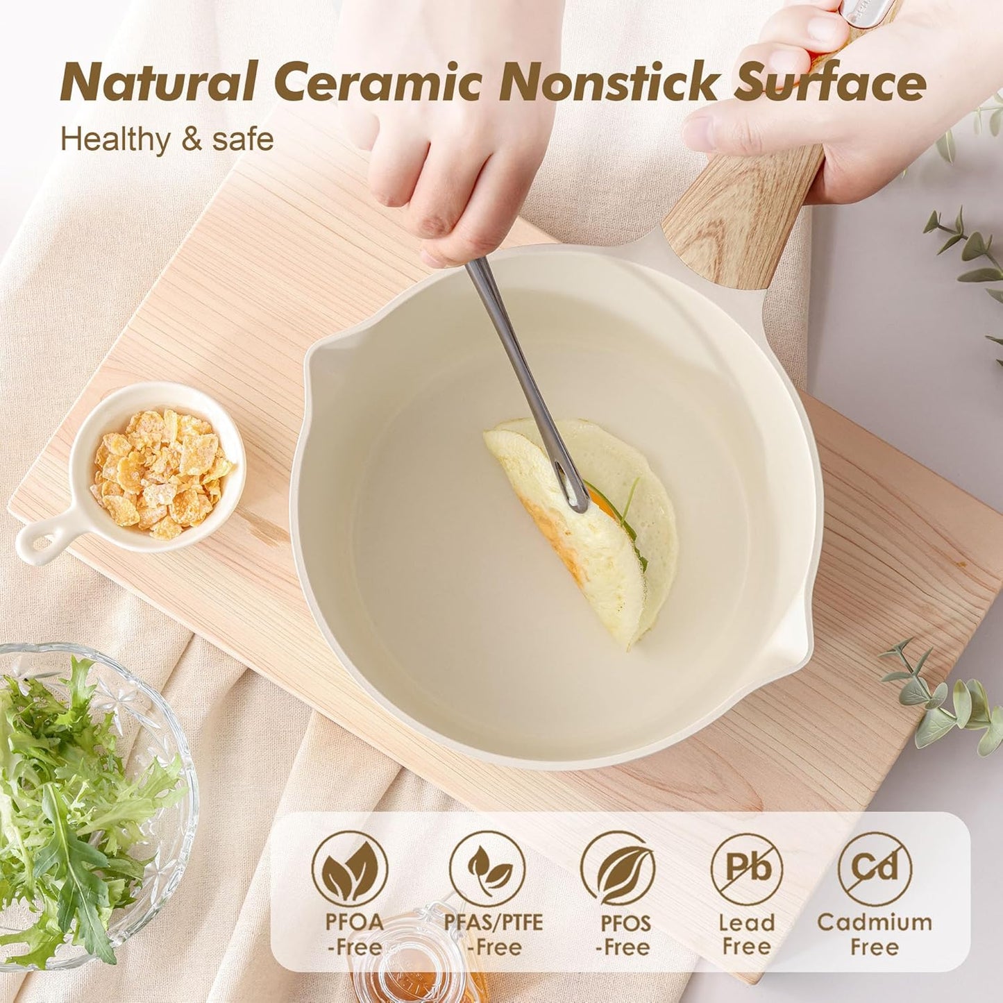 SENSARTE Ceramic Nonstick Sauce Pan with Lid, 2.5 Quart Saucepan with Double Spout, Large Cooking Pot, Non toxic Kitchen Sauce Pot, Non stick Saucier Pan, Induction Cookware, PFOA PTFE PFAS Free