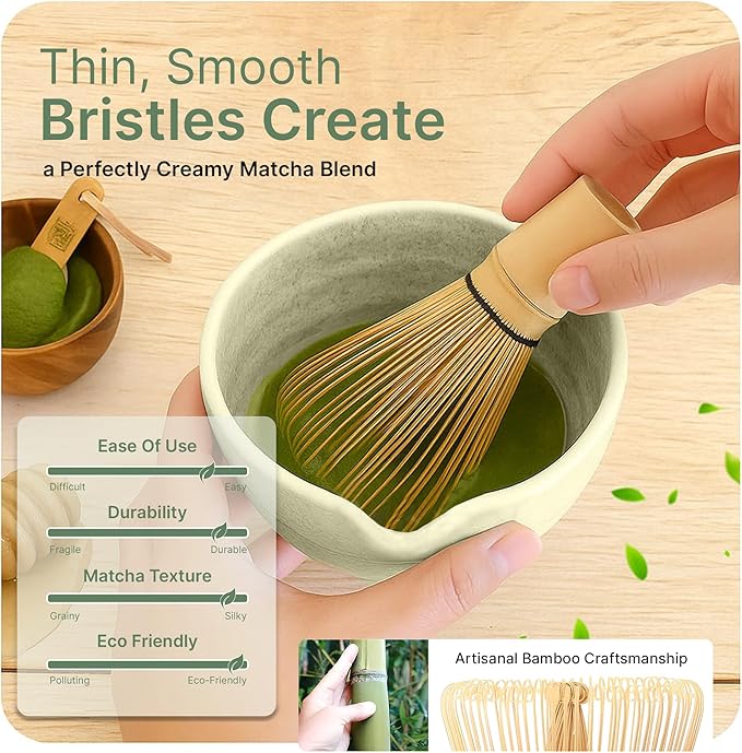 NEKOLA Matcha Whisk Set (7Pcs) Matcha Bowl, Bamboo Whisk, Whisk Holder, Spoon & Scoop, Sifter & Tea Towel Tea Making Ceremony Kit for Matcha Lovers Unique Gifts for Women,Men & Girlfriend