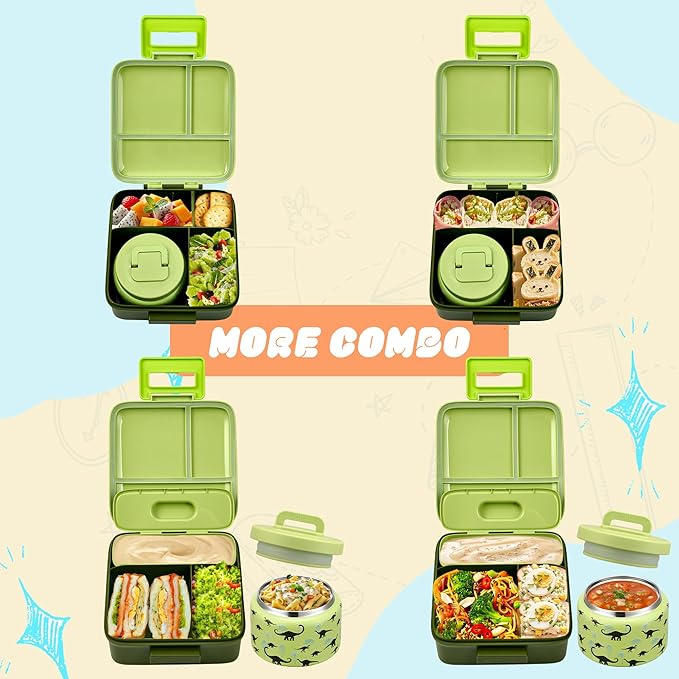 PIQUEBAR Bento Box for Kids with 8oz Soup Thermo Leak-Proof Lunch Box Food Containers with Snack Sauce Container for Kid Toddler Girls Boys to School, Forest Dinosaur