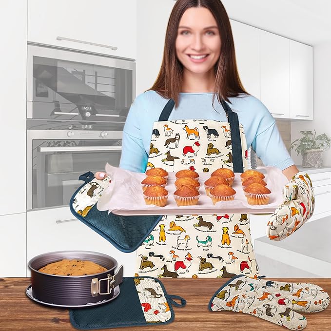 Alselo Oven Mitts and Pot Holders with Chef Apron,Set of 5 Heat Resistant Kitchen Gloves and Silicone Non-Slip Potholders Adjustable Neck Buckle Chef Apron, Cotton Nice Design for Cooking (Dog)