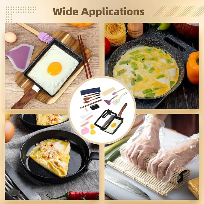 Tamagoyaki Pan Kits with Lid, Omelette Cast Pan Kit, Tamagoyaki Pans Cast Iron Maker with Lid, Nonstick Skillet with Wooden Handle, Includes Spatula, Mat, Knife, Sushi Accessories, Cooking Brush