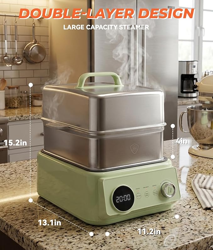 10.6 QT Double-Layer steamer for cooking, 304 Stainless Steel food steamer electric with Timer & Auto Shut-Off, Fast Heating Vegetable Steamer Electric for Veggies, Seafood, Rice,BPA-Free