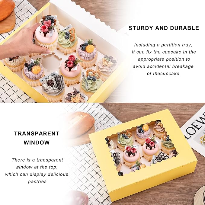 Hoewina 6PCS Cupcake Boxes - Hold 12 Count Cupcake Containers with Window, Food Grade Cupcake Holder Easy Transport and Presentation - Ideal for Cupcakes, Desserts, and More (Yellow)
