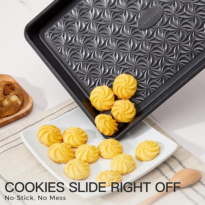 HONGBAKE Nonstick Baking Sheet Pan Set of 3, Cookie Sheets for Oven, Non-Toxic Half/Quarter/Jelly Roll Pans with Floral Swirl Texture, Heavy Duty 0.8mm Thick Oven Trays for Cooking, Dark Gray