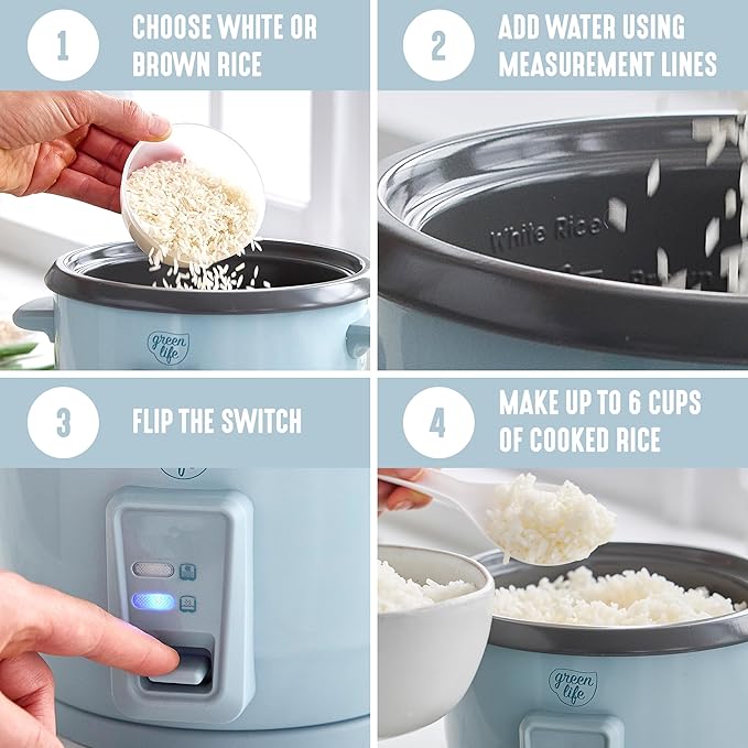 GreenLife Rice Cooker with Removable PFAS-Free Ceramic Nonstick Pot, 3-Cups Uncooked/6-Cups Cooked, Grains & Oatmeal Multicooker, Compact One-Switch Design, Auto Keep Warm, Easy Clean, Blue Haze