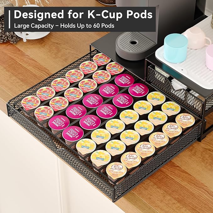 K Cup Organizer for Coffee Station - Sturdy Machine Base 60 Coffee Pod Storage Drawer, Non-Sagging Stand Compatible with Keurig K-Cup Pods, Anti-Vibration, No Assembly (Black)
