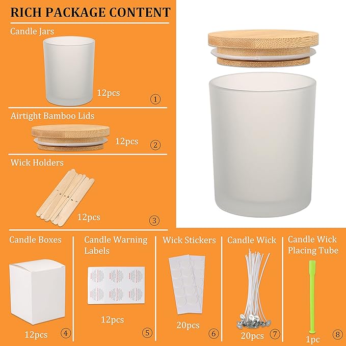 MILIVIXAY 12 Pack 7 OZ Frosted Glass Candle Jars with Lids and Candle Making Kits - Bulk Empty Candle Jars for Making Candles - Spice, Powder Containers.