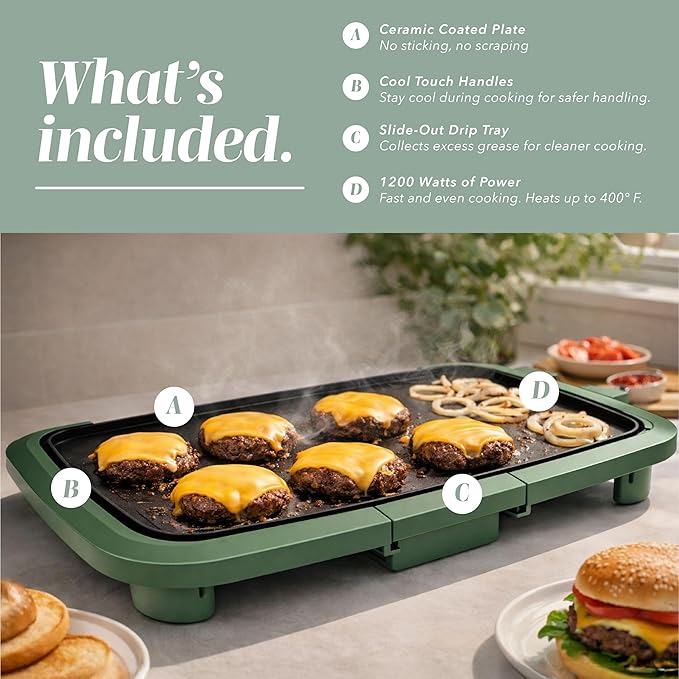 COOK WITH COLOR Electric Griddle 1200W, Nonstick Surface for Pancakes, Burgers, Eggs & More, Removable Temperature Control, Slide-Out Drip Tray, 10" x 16" Cooking Area, Dark Sage
