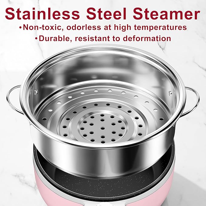 Dezin Hot Pot Electric with Steamer Upgraded, Non-Stick Sauté Pan, Rapid Noodles Electric Pot, 1.5L Mini Pot for Steak, Egg, Fried Rice, Ramen, Oatmeal, Soup with Power Adjustment