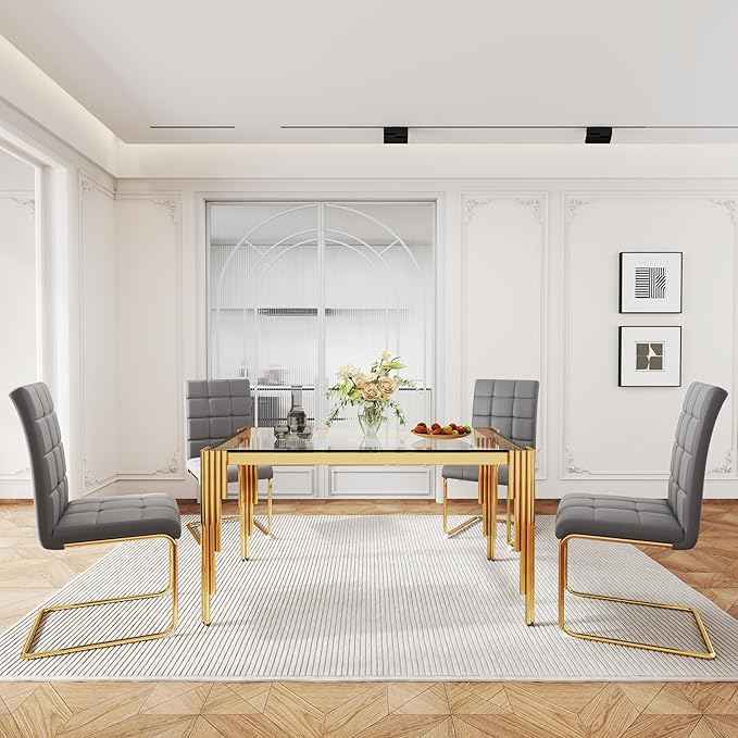 AF ARTISAN FURNITURE 53'' Glass Dining Table Set for 4, Kitchen Table Chairs Set of 4, Clear Gold Glass Dining Tables with Stainless Steel Legs, 4 Grey PU Dining Chairs, Living Room, Kitchen
