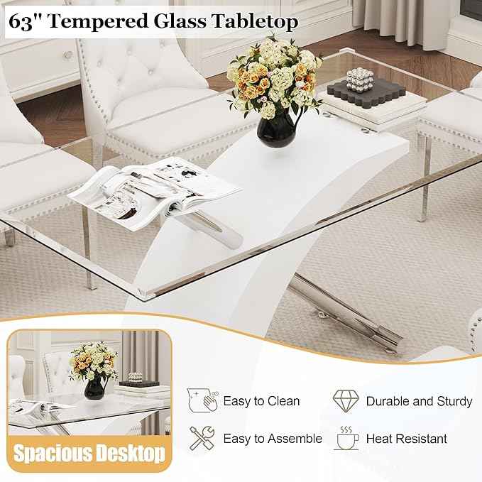 7 Piece Glass Dining Table Set for 6, 63" Modern Kitchen Table with 6 White Velvet Chairs, Tempered Glass Tabletop with White X-Shaped MDF Base, Modern Dining Room Set for Kitchen and Dining Room