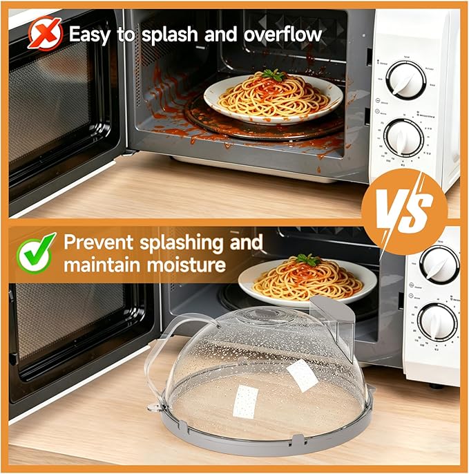 10" Microwave Splatter Cover with Water Steamer, Microwave Cover for Food, Dome Splatter Guard with Hanging Hole, Easy Clean & Space Saving Hanging Design, Grey