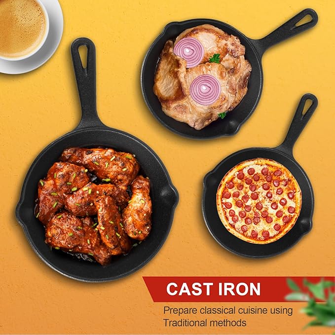 Pre-Seasoned Cast Iron Skillet Set - 3 Piece Frying Pan With Heat-Resistant Handles (6, 8, 10 Inch) for Frying, Saute, Pizza, Oven Safe (Black)