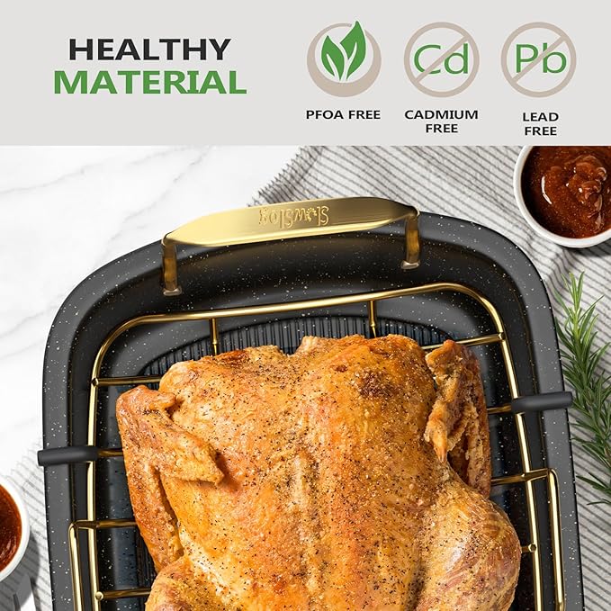 Roasting Pan, 17 Inch x 13 Inch Roaster with Removable Rack, Nonstick Roaster Pan for Roasting Turkey, Meat & Vegetables (Gold)