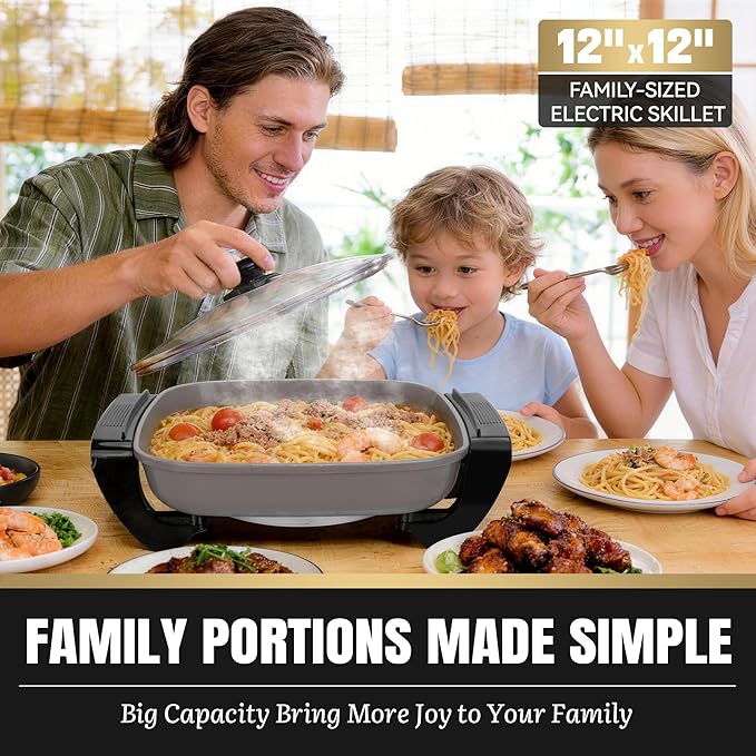 FineMade 12-inch Family Size Electric Skillet with Lid, Ceramic Skillet Electric, Square Skillet, Non Stick Electric Skillet Griddle Pan, PFAS-Free Temperature Control, 1500W, 6 QT, Gray
