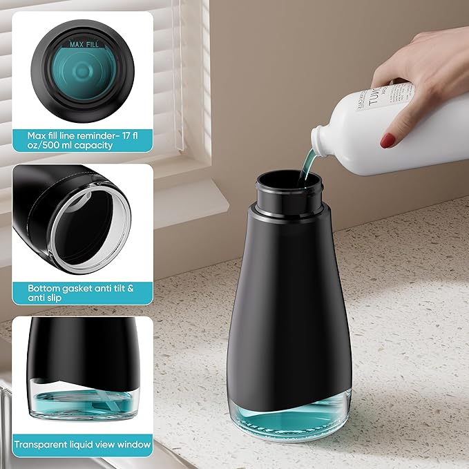 Oasis Creations 500 mL /17fl.oz Stainless Steel Liquid Soap Dispenser for Dish and Hand Soap - Black - Refillable - Great for Kitchen Bathroom or Countertop