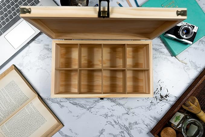 Large Wooden Tea Organizer Box, Big 14" Pine Storage Chest | 8-Slot Tall, Adjustable Shelves | 100% Handmade Craft Eco-Friendly Natural Décor