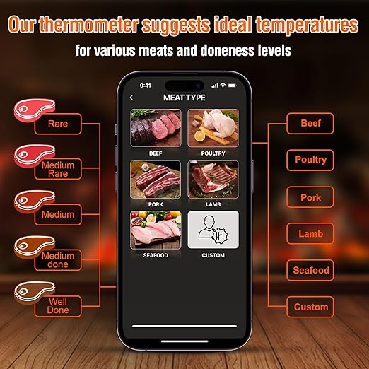 Wireless Smart Meat Thermometer: Bluetooth, Long Range, Measures Internal & Ambient Temp for BBQ, Grill, Kitchen, and Smoker. iOS & Android Compatible.