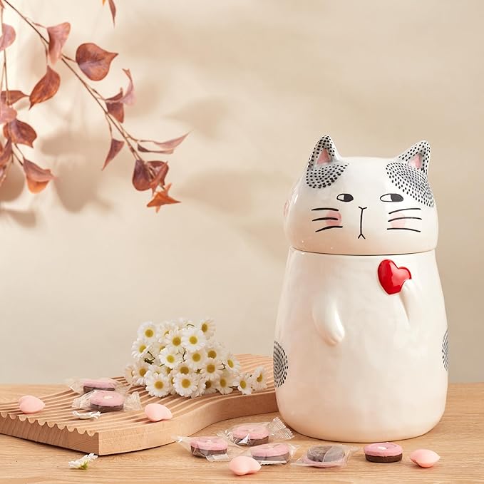 Bico Cartoon Cat Handpainted Stoneware Air Tight White 10.2 inch Cookie Jar, Dishwasher Safe, for storing Cookie, Candy, Coffee