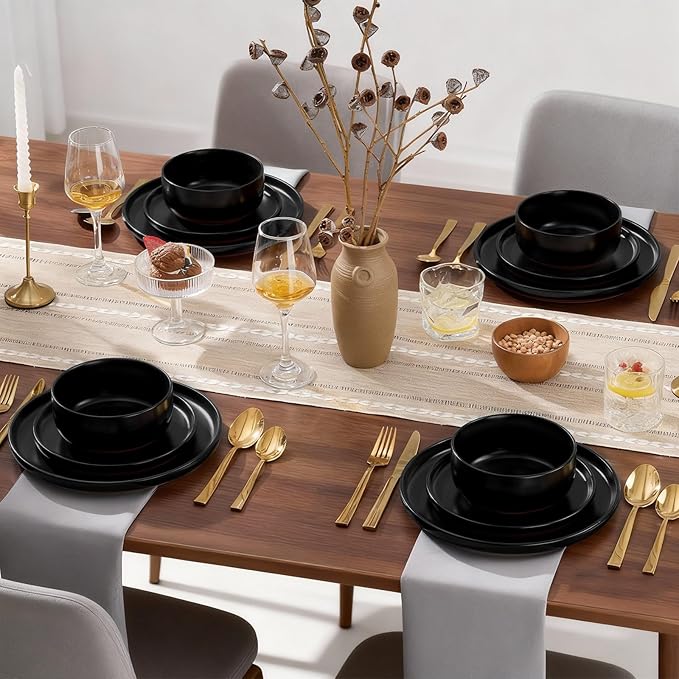 E-far 18-Piece Stoneware Plates and Bowls Sets, Dinnerware Sets for 6, Ceramic Dishware Dishes Set with Terracotta Base, Chip & Scratch Resistant, Microwave & Dishwasher Safe, Matte Black