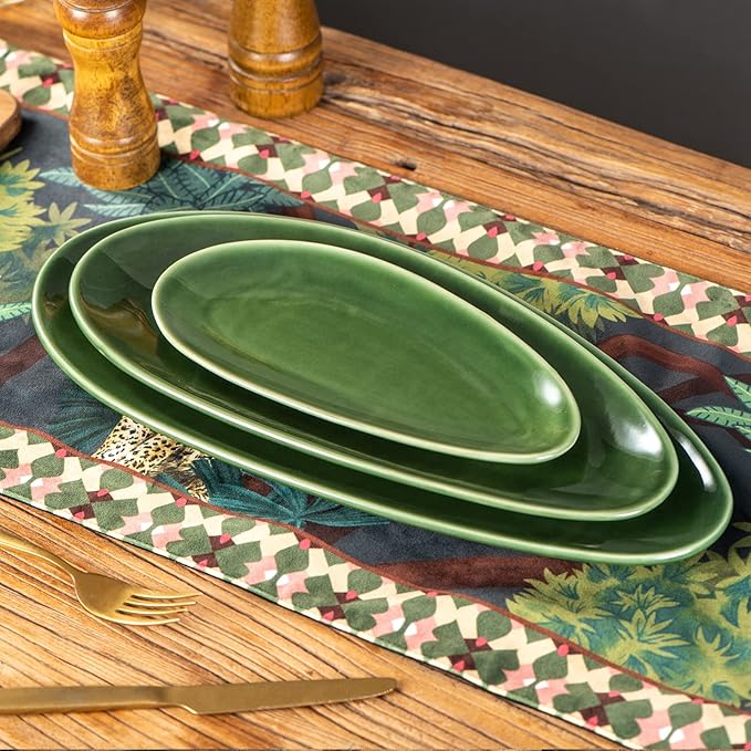 vicrays Large Oval Serving Platters, 16"/14"/10" Porcelain Serving Platters for Party, BBQ,Stackable Serving Trays Serving Plates for Appetizers, Sushi, Restaurant, Set of 3 (Green)