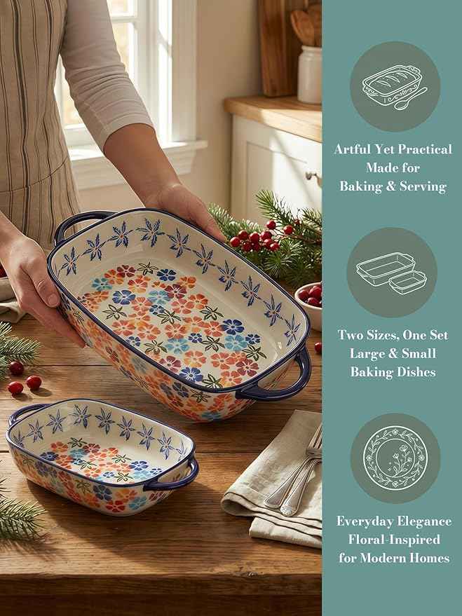 Polish Pottery Style Ceramic Baking Dish Set, 2-Piece Casserole Bakers for 2–3 People, Floral Decorative Bakeware, Oven Safe Lasagna Pan, Microwave Dishwasher Safe, Gift-Ready, Protective Packaging