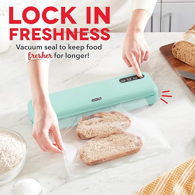 Dash SuperSeal Vacuum Sealer - Airtight Meal Packaging for Sous Vide & Safe Food Storage - Includes Single-Use & Reusable Bags - Aqua