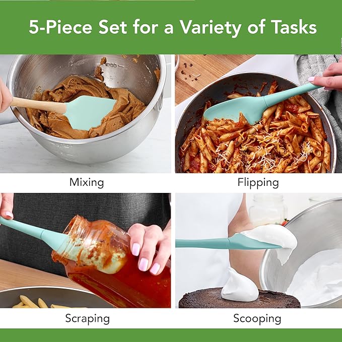 Tovolo Flex Core 5 Piece Silicone Spatula Set Heat Resistant All Silicone Utensils Include Non Stick Spatula Spoonula Jar Scraper, Dishwasher Safe Spatulas for Baking Mixing, Aqua Seafoam Green