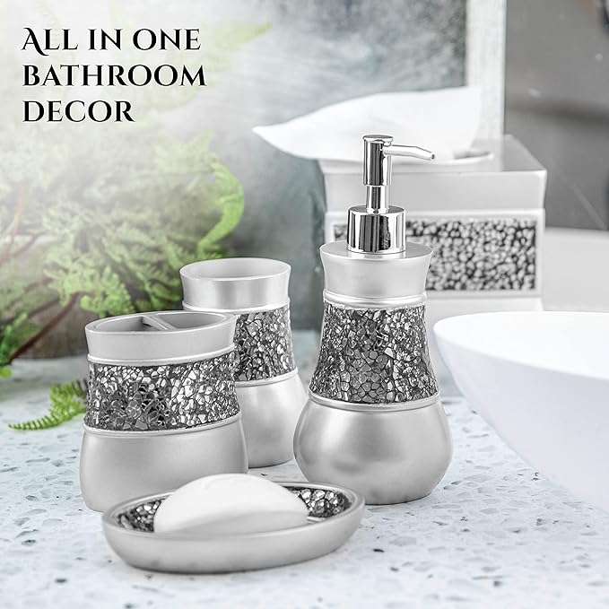 Creative Scents Crackled Glass Silver Bathroom Accessories Set Complete - 6 Piece Bathroom Accessory Set Includes: Trash Can, Tissue Box Cover, Soap Dispenser, Toothbrush Holder, Soap Dish & Tumbler