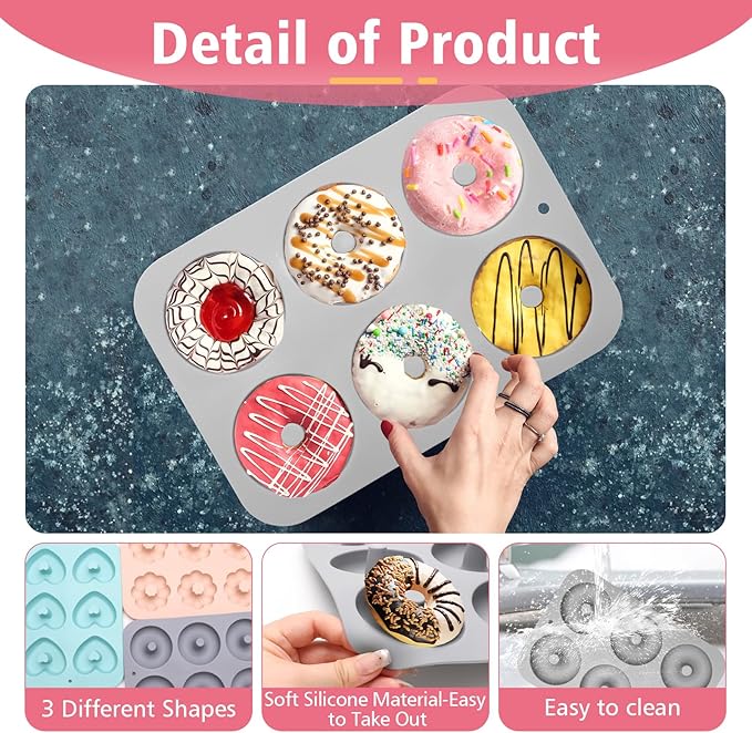 3 Pack Silicone Donut Pan, Non-stick Doughnut Molds for Baking, 6 Cavity Donut Maker Muffin Cupcake Bagel Making Tray (Gray, Pink, Blue)