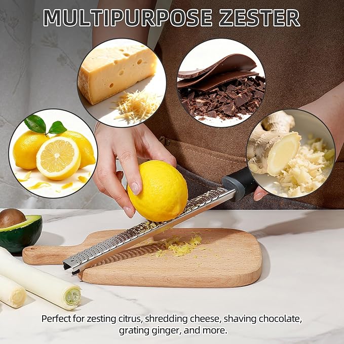 Koythin Zester, Lemon Zester & Cheese Grater with Brush, Heavy Duty Kitchen Tool for Zesting Citrus, Parmesan Cheese, Chocolate, Ginger, Fruits, Stainless Steel with Handle and Cover (Black)
