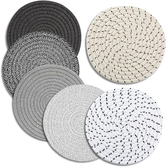 Trivets for Hot Dishes, Pots and Pans, 8 Inches Hot Pads 6 Pcs, Pot Holders for Kitchen, Heat Resistant Mat Protect Counter, Coasters Set Home Essentials Farmhouse Decor (Mix Gray)
