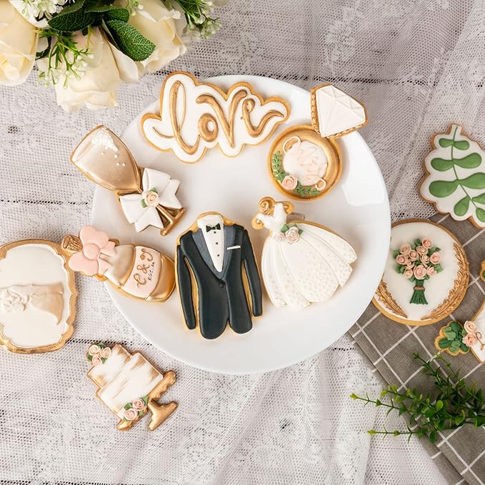 Flycalf Love Cookie Cutters Set of 11 with 3D Stamper PLA Kitchen Cake Wedding Dress Love Ring Shapes for Kids 3" Baking Embossing Stamps Mold Supplies Biscuit Tools