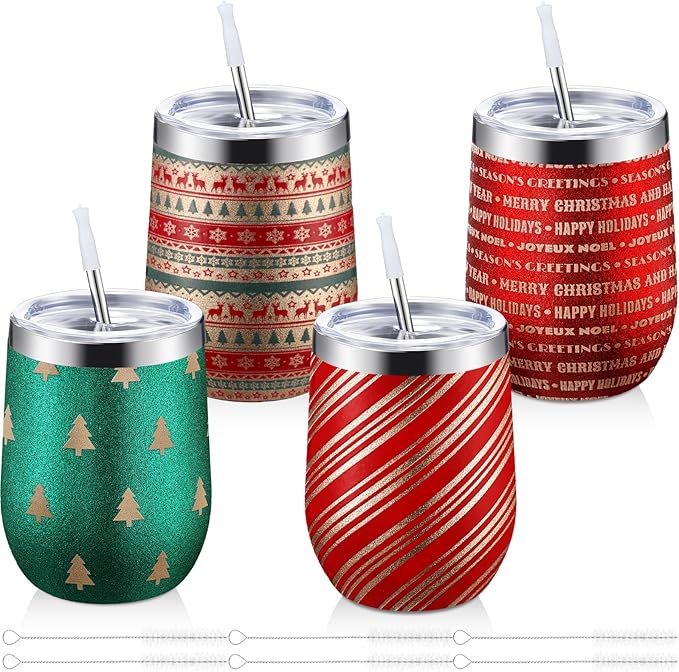 Sliner 4 Pack Pack Christmas Glitter Tumbler Bulk, 12 oz Holiday Wine Tumbler Set Stainless Steel Insulated Sparkling Glitter Cup with Lids Straws and Brushes Travel Mug Xmas Gift (Retro Style)
