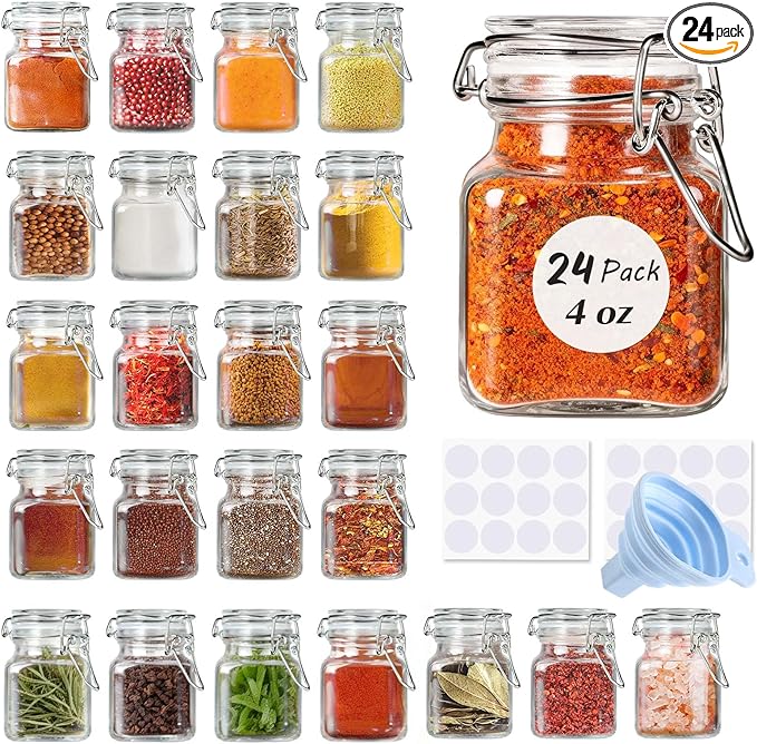 SPANLA Spice Jars, 24 Pack 4oz Small Glass Jars with Airtight Hinged Lid, With 24 Spice Labels & Silicone Funnels, Airtight Glass Jars for Spices, Condiments Herb Seasoning Art Craft Storage