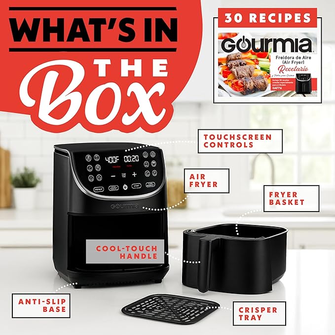 Gourmia Air Fryer - 7 Qt Large Capacity with LED Display, 12 One-Touch Presets, FryForce 360° Technology, Nonstick Dishwasher-Safe Basket & Crisper Tray, Black