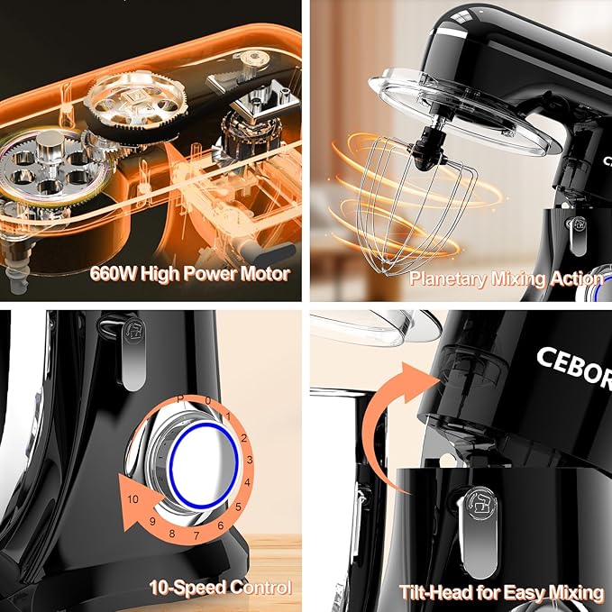 CEBORY 3-IN-1 Electric Stand Mixer, 6.5QT Bowl 660W 10-Speed Kitchen Mixer, Household Food Mixers include Dough Hook, Beater and Whisk, Bread Cake Mixer for Baking and Most Home Cooks, Black