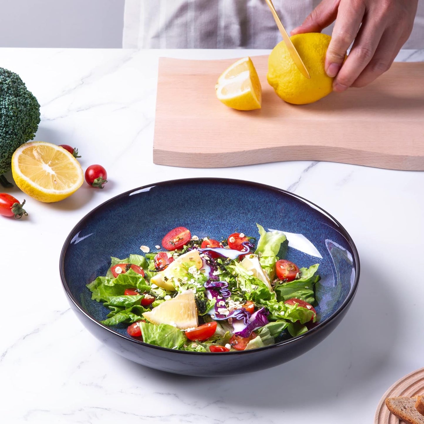 LERATIO Large Pasta Bowls,38oz Ceramic Pasta Bowls,9.0" Reactive Glaze Pasta Bowl Set of 6,Microwave & Dishwasher,Oven Safe,Wide Serving Bowls for Salad,Pasta,Fruit,Scratch Resistant-Blue