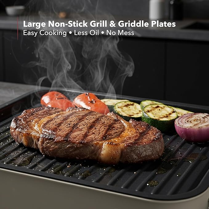 OVENTE 2-in-1 Electric Indoor Grill, 1500W Smokeless Korean BBQ Griddle with Non-Stick Removable Cooking Plate, 3 Raclette Cheese Pans, Adjustable Temperature Control, Dishwasher Safe, Beige BQR1502B