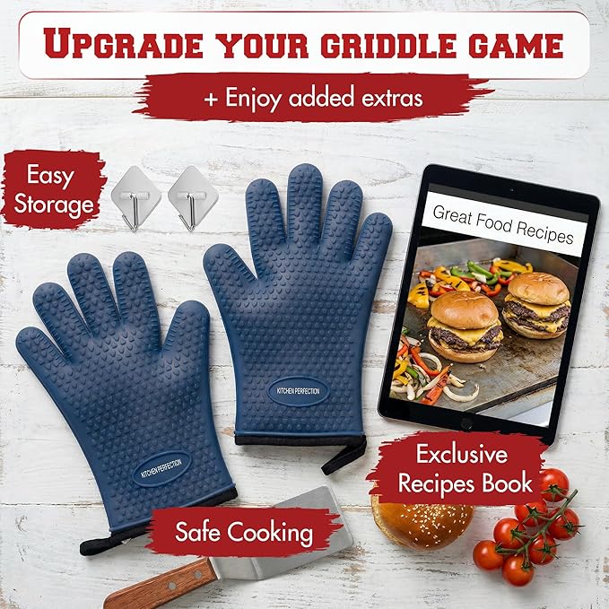 KITCHEN PERFECTION XL Silicone Oven & Griddle Gloves -Extreme Heat Resistant BBQ & Grilling Gloves -Handle Hot Food Right on Your Griddle |Waterproof Oven Mitts Grill Gloves |Superior Set+3 Bonuses
