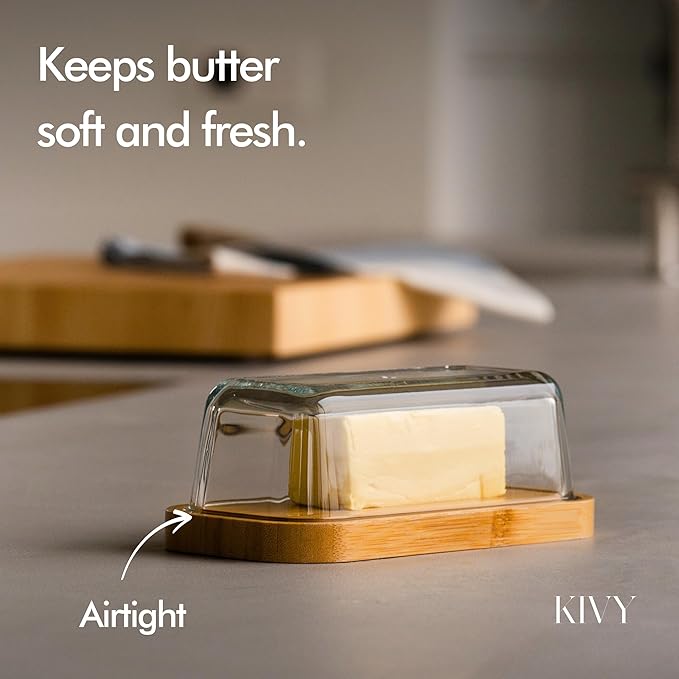 KIVY Butter Dish (White Marble & Glass) - For countertop and refrigerator door shelf - Marble butter keeper - Stone butter dish with lid - Dishwasher Safe
