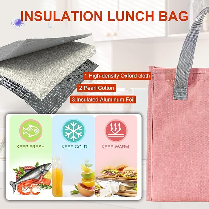 Mziart Minimalist Lunch Bag, Reusable Insulated Lunch Box for Women Men Leakproof Simple Bento Tote Adults Cooler Bag for Work Office Picnic or Travel (Pink)
