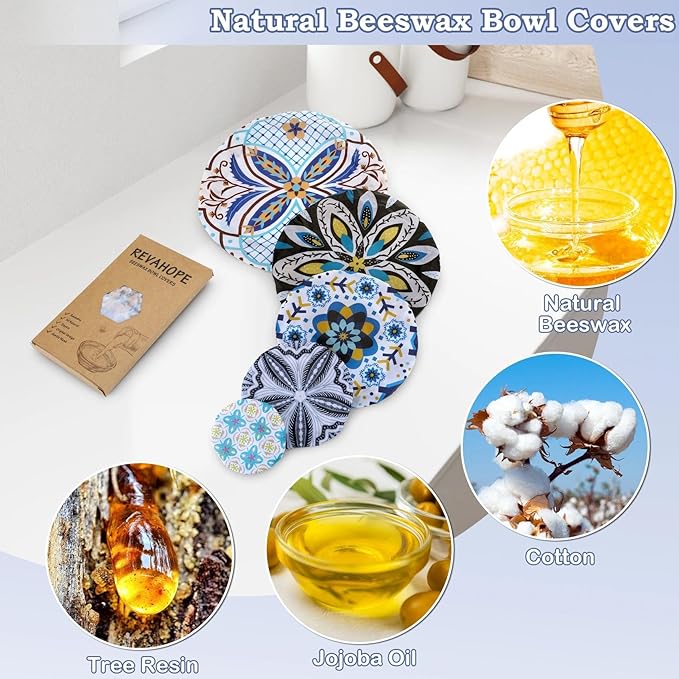 5-Size Reusable Beeswax Bowl Covers for Bread Proofing, Cotton Cloth Flexible Beeswax Wraps for Food Storage(Moroccan Style)